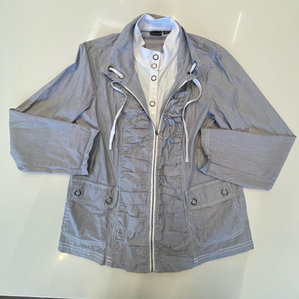 Tribal Layered Blue White Seersucker Stripe Full Zip Button Jacket Sz 14